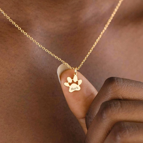 14k Gold Engraved Paw Name Necklace, Custom Paw Charm Necklace, Keepsake Dog Name Necklace, Pet Memorial Gift for Daughter, Pet Loss Gifts