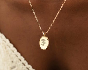 Personalisierte Geburt Blumen Medaillon Halskette mit Foto, Gedenkgeschenk für Mama / Tochter, Foto Halskette in Gold, Muttertagsgeschenk, Geschenk für Sie