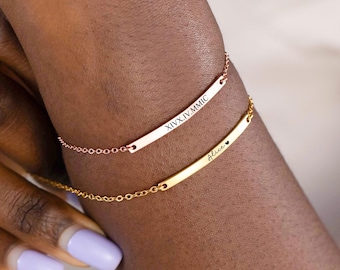 Personalized Gold Bar Bracelet, Engraved Date Message Bracelet, Name Stackable Bracelet, Gift for Her, 3rd Anniversary Gift, Memorial Gift