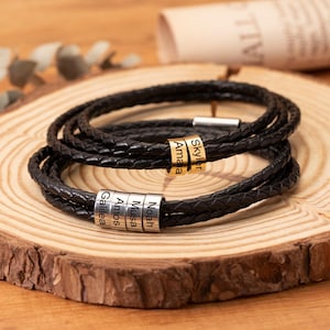 Pulsera personalizada para hombre con nombres de familia, pulsera de cuero hecha a mano, pulsera de cuentas grabada para él, regalos de Navidad, regalo para el marido.