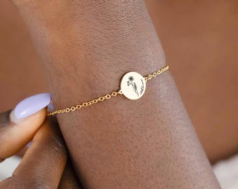 Pulsera con flor de nacimiento grabada personalizada, pulsera con nombre personalizado, regalo para el Día de la Madre, pulsera minimalista, regalo para ella, regalos de cumpleaños