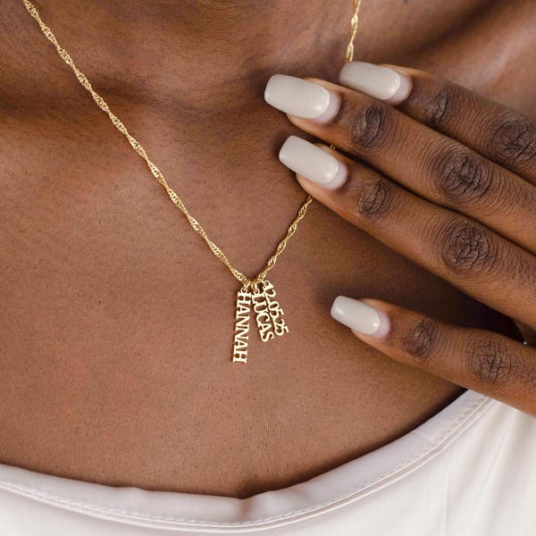 Collier prénom vertical en or 14 carats, collier prénom/nom d'enfant, collier multiprénoms personnalisé, cadeau de famille personnalisé, cadeaux de fête des mères