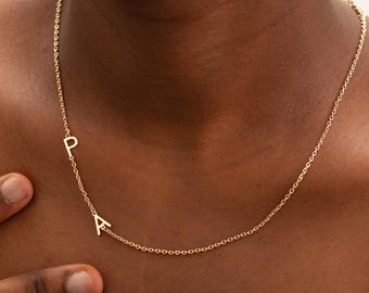 Sideways Initials Necklace, Dainty Gold Letter Necklace, Side Name Necklace for Women, Mother Gifts, Personalized Jewelry, Christmas Gifts