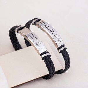 Pulsera de cuero personalizada, pulsera con nombre de hombre grabado, pulsera de texto personalizada para hombres, regalo del 3er aniversario para esposo, papá, pulsera de hombre