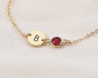 Personalized Initial Letter Bracelet With Birthstone,Engraved Disc Bracelet,Custom Birthstone Bracelet,Dainty Name Bracelet,Mothers Day Gift