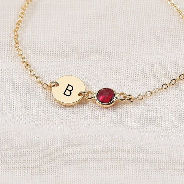 Personalized Initial Letter Bracelet With Birthstone,Engraved Disc Bracelet,Custom Birthstone Bracelet,Dainty Name Bracelet,Mothers Day Gift