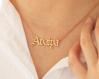 Personalized Old English Name Necklace,Custom Gothic Nameplate Necklace,Handmade Gold Name Jewelry,Personalized Gift for her,Christmas Gift