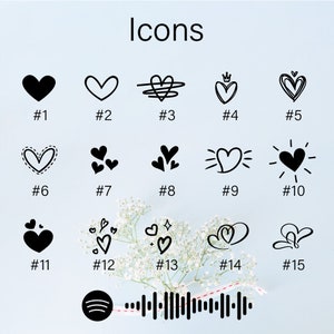 May include: A set of 15 black and white heart icons, numbered 1 through 15. The icons are various styles of hearts, including simple hearts, hearts with swirls, hearts with crowns, and hearts with sunbeams.