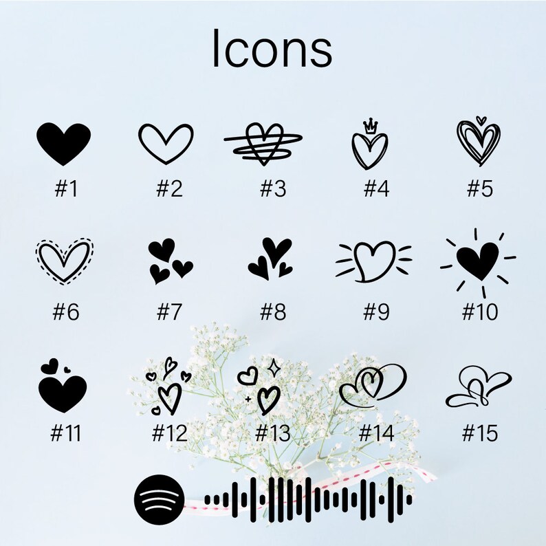 May include: A set of 15 black and white heart icons, numbered 1 through 15. The icons are various styles of hearts, including simple hearts, hearts with swirls, hearts with crowns, and hearts with sunbeams.