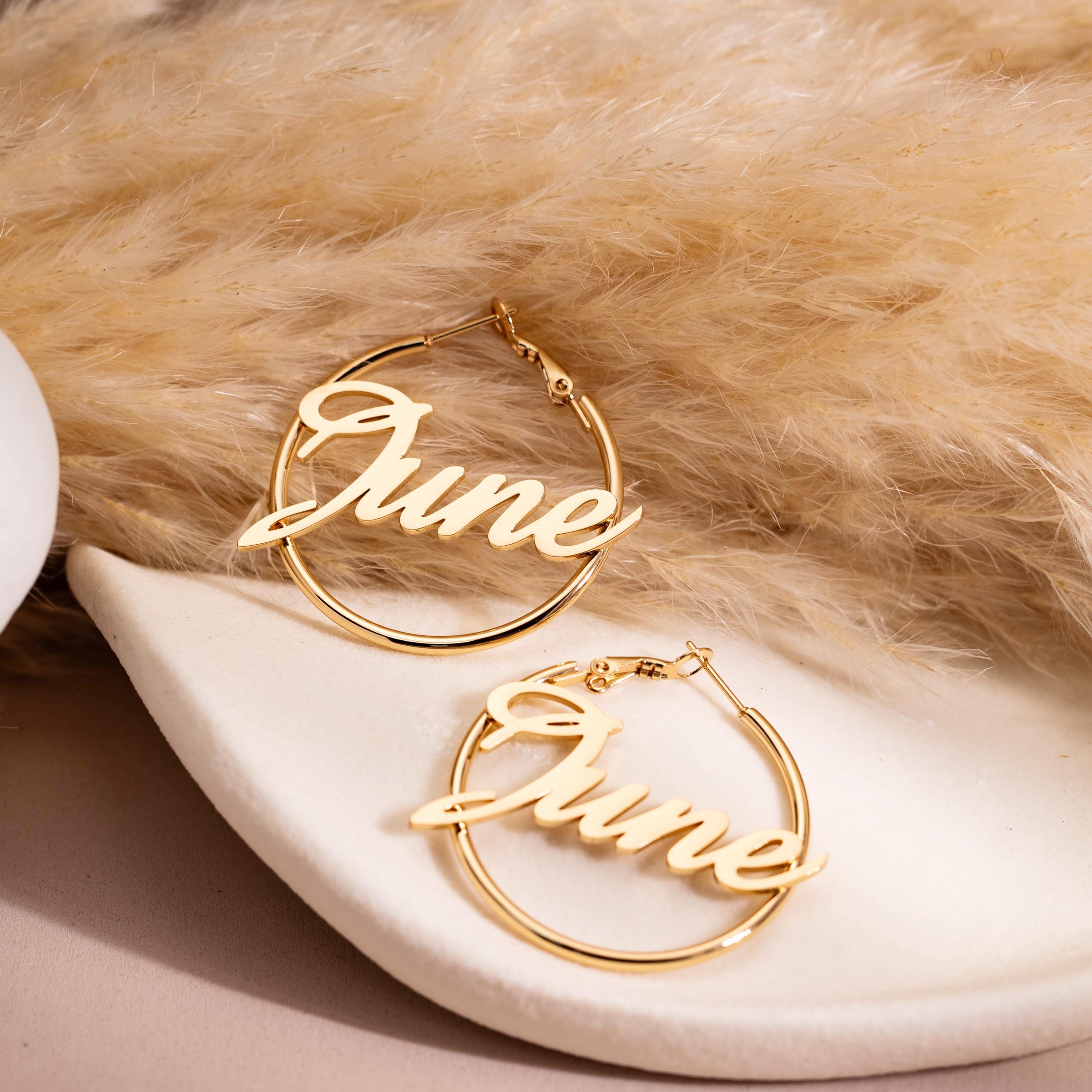 Dainty Name Hoop Earrings, Personalized Name Earring Gold, Big Circle Nameplate Hoop, Bridesmaid Gift, Birthday Gift, Jewelry Gift for Mom