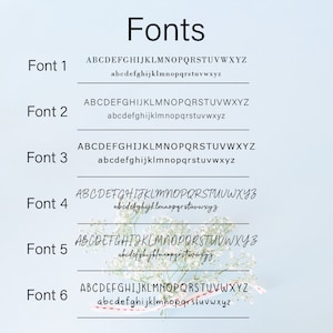 May include: A graphic showing six different fonts, labeled Font 1 through Font 6. Each font displays the alphabet in uppercase and lowercase letters.