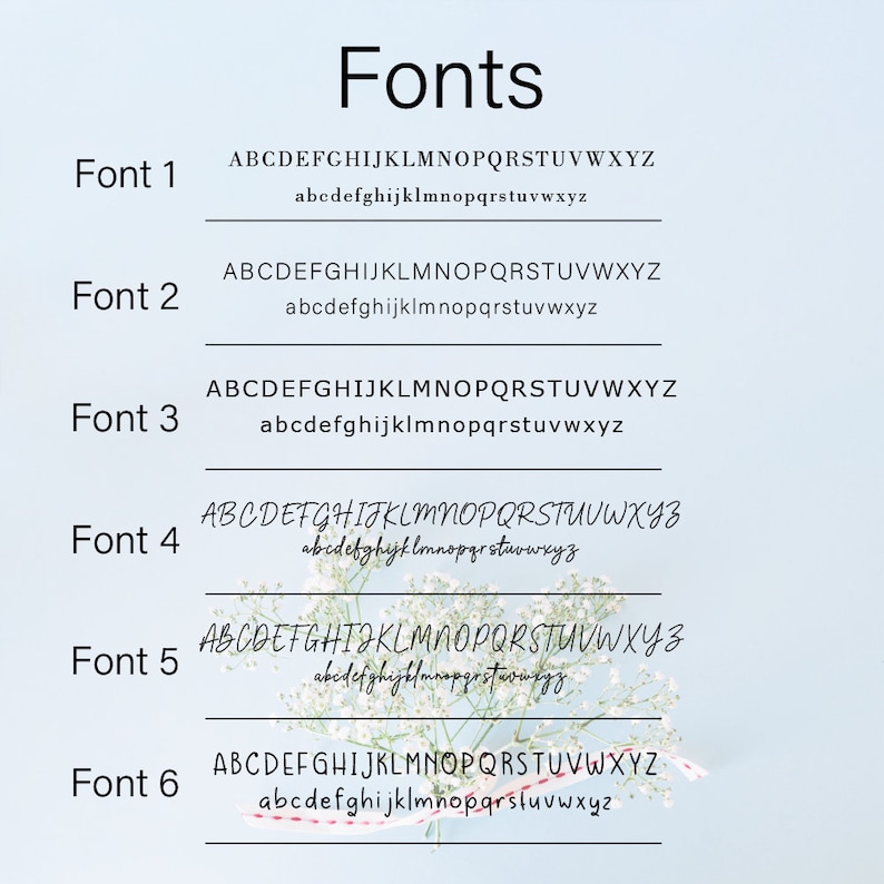 May include: A graphic showing six different fonts, labeled Font 1 through Font 6. Each font displays the alphabet in uppercase and lowercase letters.