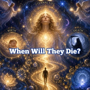 Pode incluir: Uma ilustração digital com uma figura central brilhante, uma silhueta caminhando num caminho dourado e dois quadros circulares com as etiquetas Birth e Death. O texto ETERNAL LIFE e When Will They Die? aparece num fundo cósmico azul escuro.