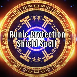 May include: A glowing, circular design with the text "Runic Protection Shield Spell" in white. The design features intricate patterns and symbols in gold and orange against a dark blue background, with bright light emanating from the edges.