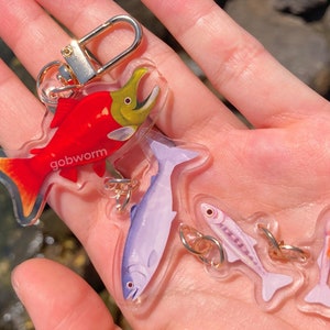 Salmon Life Cycle Charm | Fish Animal Biology 3D Four Parts Linked Multiple Connection Pendant Stack Sockeye Art Acrylic Keychain