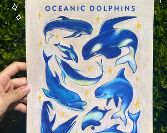 Stampa di delfini oceanici / 8,5"x11" balena cetacea oceano illustrazione stilizzata decorazione da parete arte