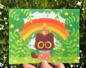 Stampa artistica di gatto magico / Illustrazione di un grazioso gattino arcobaleno