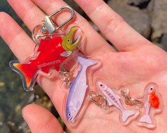 Charm Cycle de vie du saumon | Poisson biologie animale 3D quatre parties liées à plusieurs connexions pendentif pile rouge art acrylique porte-clés