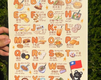 Impresión artística del ABC de la comida callejera taiwanesa / Póster de comida adorable