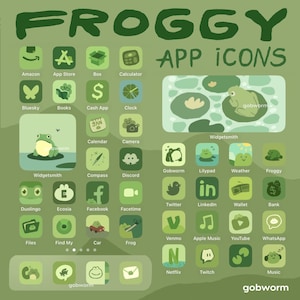 Puede incluir: Gráfico verde con iconos de aplicaciones con temática de rana. Los iconos incluyen Amazon, App Store y otros, con la palabra "FROGGY" en la parte superior. El fondo es de color verde claro.
