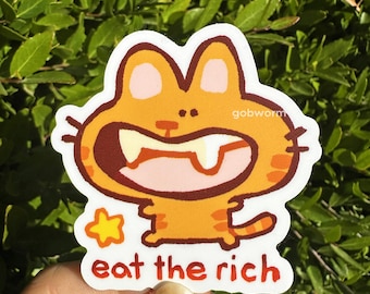 Adesivo in vinile "Eat the Rich Cat" / Meme impermeabile per cancelleria