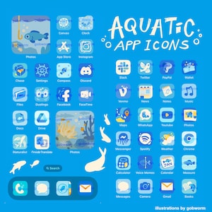 Op de afbeelding: Een set kleurrijke app-pictogrammen met een aquatisch thema. De pictogrammen zijn ontworpen om eruit te zien als onderwaterwezens en -objecten, zoals vissen, koraal en schelpen. De pictogrammen zijn gerangschikt in een raster op een blauwe achtergrond. De tekst "AQUATIC APP ICONS" staat in wit bovenaan de afbeelding.