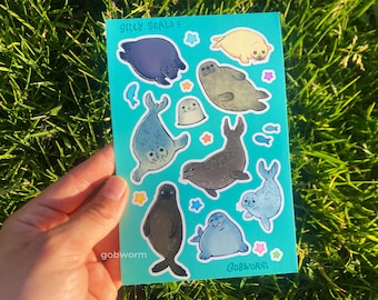 Foglio di adesivi Silly Seals / Adesivo impermeabile da cancelleria con simpatico animale marino, foca, leone marino, 4"x6"
