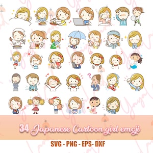 47 Japanese Cartoon girl Emoji SVG archivos para Cricut Cute japanese girl cartoon emoji smiley cartoon
