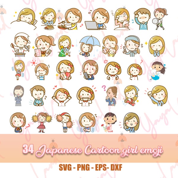 47 Japanese Cartoon girl Emoji SVG files for Cricut Cute japanese girl cartoon emoji smiley cartoon