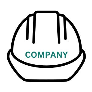 May include: Black and white outline drawing of a hard hat with the word "COMPANY" written in teal green on the front.