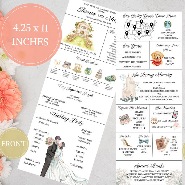 Infographic Wedding Program Template, Unique Church Wedding Ceremony Program, Wedding Day Timeline Program Card, Modern Infographic Program