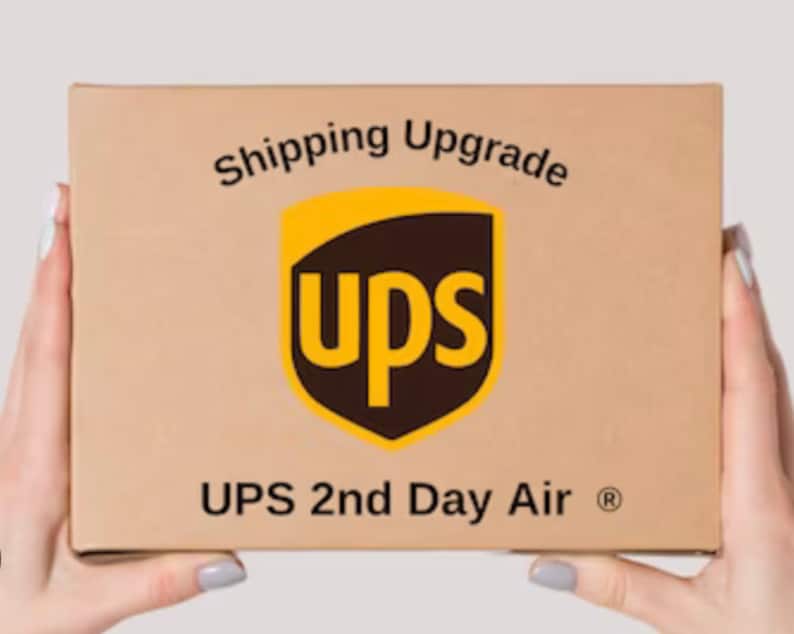 K&ouml;nnte beinhalten: Ein brauner Karton mit dem Text "Shipping Upgrade" und dem UPS-Logo. Auf dem Karton steht auch "UPS 2nd Day Air&reg;".