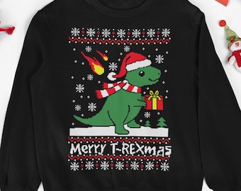 Tribal T-Shirts Felpa Donna Con T-Rex E Scritta 'Merry T-Rex Mas' - Maglione In Misto Cotone Per Natale