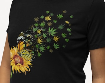 Sunflower Butterfly and Marijuana shirt for women, Cannabis Shirts for 420 enthusiasts, Cute marijuana shirt, Boho style ladies weed shirt