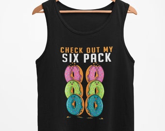 May include: Black tank top with the text "CHECK OUT MY SIX PACK" and a stack of six colorful donuts with sprinkles.