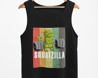 May include: Black tank top with a retro-style graphic of a green dinosaur lifting a barbell. The text "SQUATZILLA" is printed below the dinosaur.