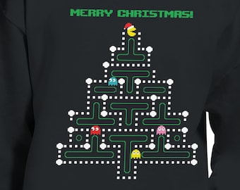 Retro Gaming Christmas Tree Ugly Christmas Sweater, Gamer Theme Ugly Xmas Sweater, Holiday Gifts for Gamers, 80s Arcade Style Christmas Tee