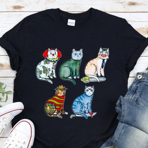 Halloween Cat Shirt, Spooky Horror Cats Tee, Cute Scary Cat Shirt, Halloween Animal Shirt, Cat Lover Gift For Her, Horror Movie Inspired Tee