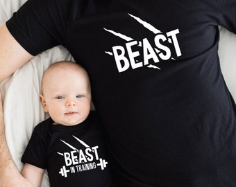 Matching Father & Baby Shirts, Beast In Training Shirt Set for Dad And New Baby, Matching Family Outfits, Workout Shirts For Dads And Sons