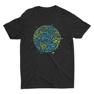 May include: Black t-shirt with a graphic of a green and blue Earth made up of UFOs.