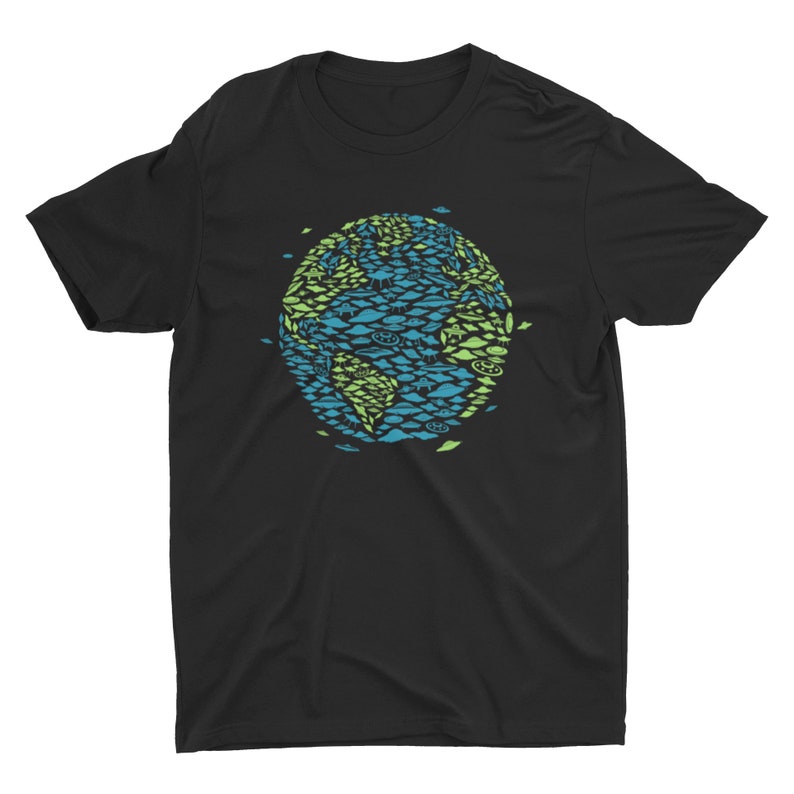 May include: Black t-shirt with a graphic of a green and blue Earth made up of UFOs.