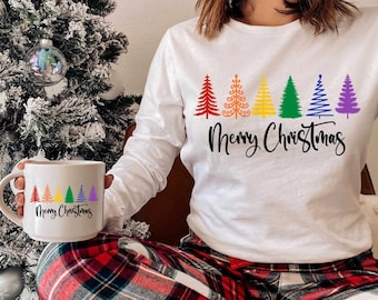 Pride Christmas Sweatshirt, Merry Christmas, Rainbow Trees, Gay Christmas Gift, Queer Christmas, Pride Holiday, LGBTQ2+ Christmas Sweatshirt