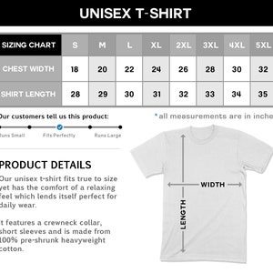 May include: Unisex t-shirt sizing chart with measurements in inches for chest width and shirt length. Sizes range from S to 5XL. The chart shows a white t-shirt with measurements labeled for length and width.