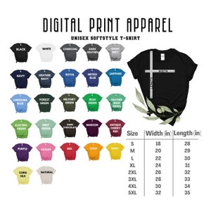 May include: A chart showing the size, width, and length of a unisex t-shirt in inches. The chart includes 12 different color options for the t-shirt, including black, white, charcoal, dark heather, sport grey, navy, heather navy, royal, metro blue, sapphire, carolina blue, forest green, military green, Irish green, heather Irish green, electric green, mint green, dark chocolate, maroon, antique cherry red, purple, azalea, red, gold, daisy, corn silk, and natural.
