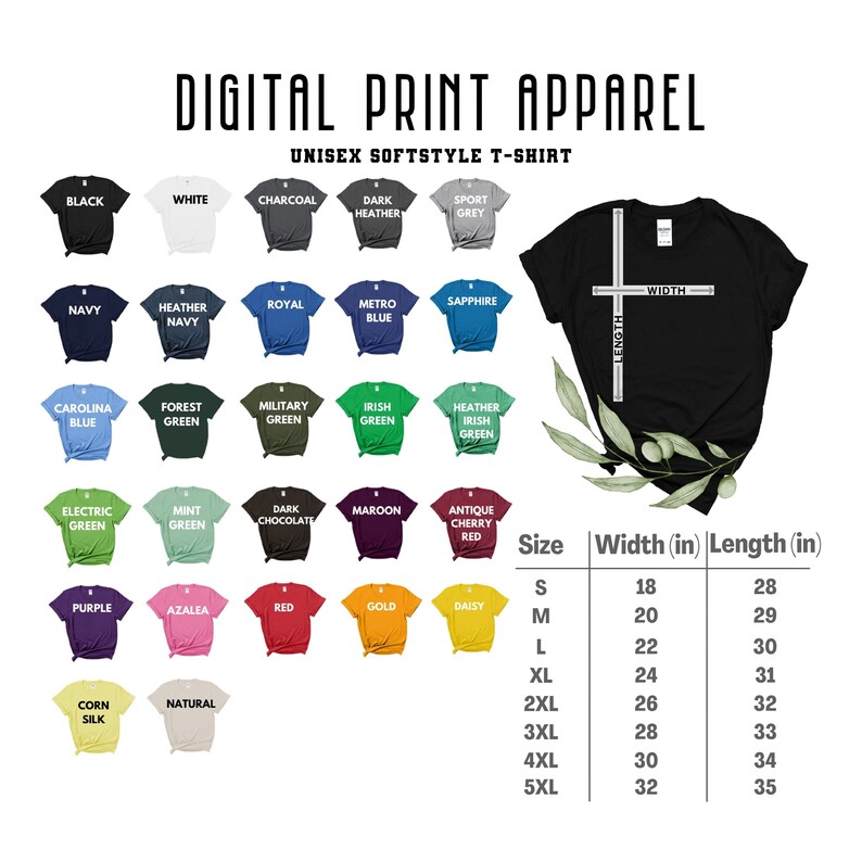 May include: A chart showing the size, width, and length of a unisex t-shirt in inches. The chart includes 12 different color options for the t-shirt, including black, white, charcoal, dark heather, sport grey, navy, heather navy, royal, metro blue, sapphire, carolina blue, forest green, military green, Irish green, heather Irish green, electric green, mint green, dark chocolate, maroon, antique cherry red, purple, azalea, red, gold, daisy, corn silk, and natural.