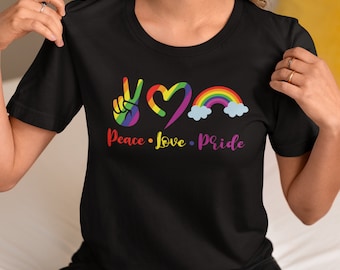 Peace Love Pride Shirt, Regenbogen LGBTQ+ Pride T-Shirt, Unisex Gay Pride Geschenke, süßes Pride Shirt, Pride Month LGBTQ2+ Merchandise, Regenbogen Shirt