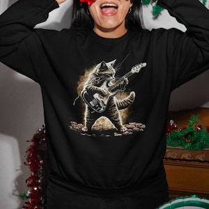 Cat Playing Guitar Sweatshirt, Music Inspired Rock Sweater, Gifts for Guitarists and Rock Fans, Band Shirts, Rock Music Shirts, Cat Sweaters