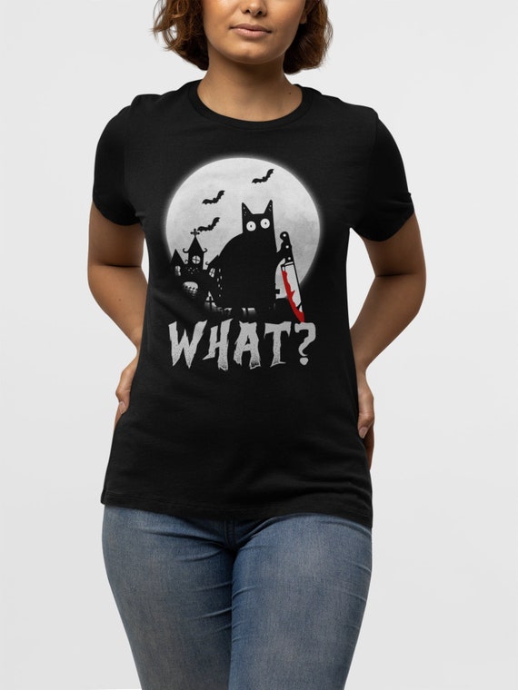 What? Halloween Murderous Cat Holding Knife Cat Lovers Gift T-Shirt What? Halloween Murderous Cat Holding Knife Cat Lovers Gift T-Shirt