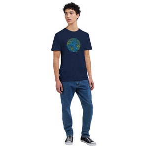 May include: A navy blue t-shirt with a graphic of a blue and green earth made of small shapes. The person wearing the shirt is standing with their arms at their sides and wearing blue jeans.