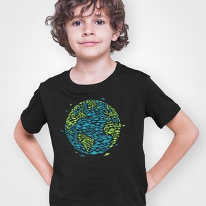 May include: A black t-shirt with a graphic of a blue and green earth made up of fish and leaves.